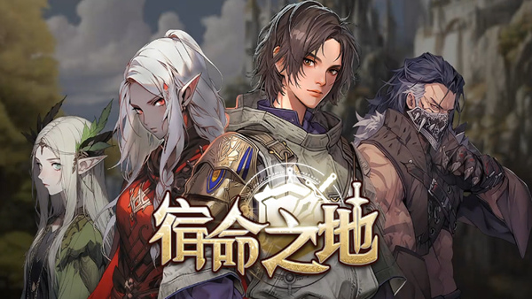 宿命之地游戏封面海报，展示了像素风格的角色与宏大的背景